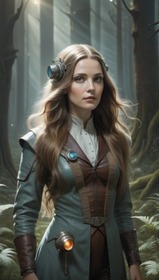 1girl,solo,long hair,breasts,looking at viewer,blue eyes,blonde hair,brown hair,hair ornament,long sleeves,dress,medium breasts,standing,flower,cowboy shot,outdoors,belt,signature,tree,lips,makeup,wavy hair,sunlight,looking up,nature,forest,freckles,light rays,realistic,nose,red lips,green eyes,parted lips,artist name,leaf,plant,curly hair