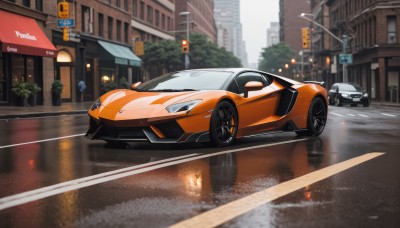 outdoors,tree,no humans,ground vehicle,building,scenery,motor vehicle,reflection,city,sign,car,road,bush,vehicle focus,lamppost,street,road sign,traffic light,sports car,crosswalk,sidewalk,day,blurry,plant,rain