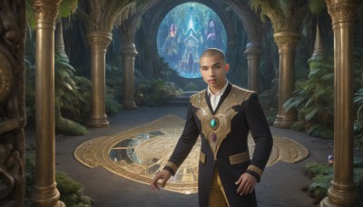 solo,looking at viewer,short hair,black hair,long sleeves,1boy,brown eyes,jewelry,standing,male focus,pants,dark skin,dark-skinned male,plant,gem,scenery,realistic,fantasy,bald,magic circle,very short hair,pillar,statue,buzz cut,column,1girl,leaf