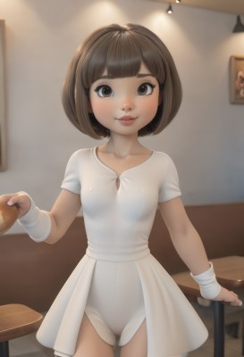 1girl,solo,breasts,looking at viewer,smile,short hair,bangs,skirt,brown hair,brown eyes,standing,collarbone,cowboy shot,small breasts,parted lips,indoors,blunt bangs,flat chest,covered nipples,leotard,lips,see-through,loli,cameltoe,table,bob cut,freckles,white leotard,showgirl skirt,ballerina,blush,shirt,dress,short sleeves,pussy,solo focus,artist name,white dress,eyelashes,no panties,bandages,nose,on table