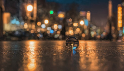 outdoors, blurry, no humans, night, depth of field, blurry background, scenery, reflection, city, road, street, bokeh, city lights