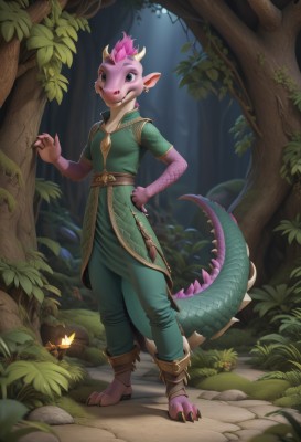 1girl,solo,looking at viewer,smile,1boy,jewelry,closed mouth,standing,tail,full body,pink hair,flower,short sleeves,male focus,earrings,outdoors,horns,tongue,pointy ears,belt,pants,artist name,hand up,blurry,tree,hand on hip,colored skin,leaf,grass,plant,nature,claws,furry,forest,furry female,green pants,pink skin,breasts,blue eyes,animal ears,green eyes,small breasts,barefoot,teeth,black eyes,night,fangs,watermark,web address,light rays,rock,green shirt,scales,fewer digits