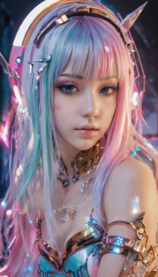 1girl,solo,long hair,breasts,looking at viewer,bangs,blue eyes,hair ornament,cleavage,bare shoulders,jewelry,medium breasts,closed mouth,blue hair,upper body,pink hair,multicolored hair,hairband,small breasts,artist name,blunt bangs,necklace,two-tone hair,lips,eyelashes,makeup,headgear,gem,armlet,realistic,nose,pointy ears,expressionless,eyeshadow