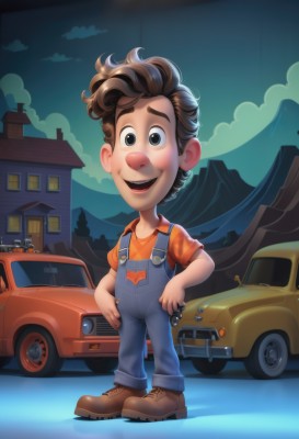 solo,looking at viewer,smile,open mouth,brown hair,shirt,1boy,brown eyes,standing,full body,male focus,boots,outdoors,sky,teeth,cloud,black eyes,night,brown footwear,ground vehicle,motor vehicle,hands on hips,mountain,car,overalls,:d,shoes,hand on hip,watermark,building,web address,house