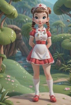 1girl,solo,long hair,looking at viewer,smile,bangs,blue eyes,brown hair,hat,dress,closed mouth,standing,full body,braid,flower,short sleeves,outdoors,shoes,day,socks,puffy sleeves,artist name,water,hair bun,blurry,apron,twin braids,tree,puffy short sleeves,lips,kneehighs,double bun,buttons,blurry background,arms behind back,red dress,grass,bug,white socks,butterfly,red footwear,child,nature,white apron,mary janes,forest,freckles,nurse cap,red lips,female child,nurse,pigeon-toed,badge,pond,red cross,ladybug,breasts,blush,hair ornament,bow,sash,leaf,short dress,plant,waist apron,pink flower,collared dress,lily pad