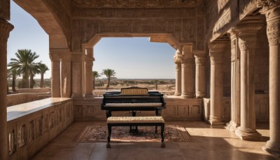 outdoors,sky,day,tree,blue sky,no humans,sunlight,plant,building,instrument,scenery,stairs,palm tree,pillar,statue,piano,column,grand piano,shadow,chair,sand,architecture,carpet,desert,arch