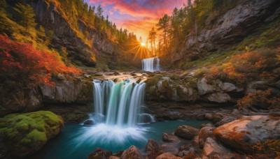 outdoors, sky, cloud, water, tree, no humans, nature, scenery, forest, sunset, rock, mountain, sun, river, waterfall