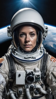 1girl,solo,looking at viewer,black hair,1boy,upper body,male focus,signature,lips,helmet,science fiction,realistic,sun,space,planet,earth (planet),american flag,spacesuit,japanese flag,astronaut,brown eyes,reflection,united states