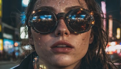 1girl,solo,long hair,looking at viewer,blue eyes,brown hair,outdoors,parted lips,glasses,teeth,artist name,blurry,lips,night,depth of field,blurry background,sunglasses,goggles,building,portrait,close-up,freckles,reflection,black-framed eyewear,city,realistic,nose,aviator sunglasses,black hair,motor vehicle,city lights,lights,cyberpunk