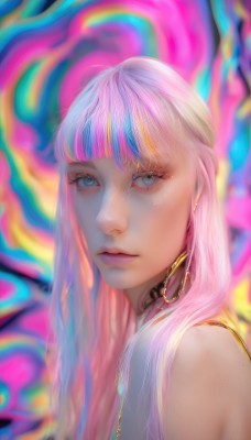 1girl,solo,long hair,looking at viewer,bangs,blue eyes,bare shoulders,jewelry,closed mouth,blue hair,upper body,pink hair,multicolored hair,earrings,choker,blunt bangs,necklace,blurry,from side,lips,eyelashes,makeup,portrait,eyeshadow,freckles,realistic,nose,colorful,mascara,rainbow hair,white hair,two-tone hair,grey eyes,tattoo,piercing,hoop earrings