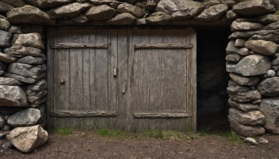 outdoors,day,no humans,traditional media,grass,scenery,rock,door,wall,stone,wood