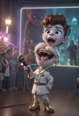 smile,short hair,open mouth,blue eyes,brown hair,1boy,holding,standing,male focus,boots,multiple boys,teeth,tongue,belt,indoors,uniform,hand on hip,military,military uniform,facial hair,parody,sharp teeth,microphone,6+boys,realistic,mustache,music,holding microphone,singing,crowd,stage,spotlight,stage lights,gloves,jacket,full body,solo focus,pants,white gloves,blurry,night,blurry background,brown footwear,thick eyebrows,epaulettes,male child,mohawk