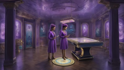 1girl,long hair,breasts,short hair,multiple girls,brown hair,black hair,long sleeves,1boy,hat,dress,2girls,standing,closed eyes,purple hair,shoes,barefoot,indoors,dark skin,holding hands,table,instrument,purple dress,reflection,robe,stairs,fantasy,magic,magic circle,pillar,carpet,smile,skirt,shirt,holding,jewelry,closed mouth,boots,pants,artist name,black footwear,vest,high heels,from side,book,window,profile,night,glowing,bug,butterfly,scenery,purple skirt,ghost,wooden floor,open book,wide shot,purple theme,picture frame,painting (object),column,spirit