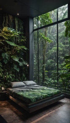 day,indoors,tree,pillow,no humans,window,bed,leaf,on bed,sunlight,plant,nature,scenery,forest,wooden floor,light,lamp,bedroom,green theme