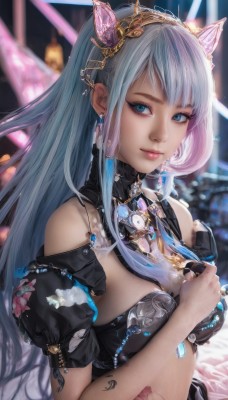 1girl,solo,long hair,breasts,looking at viewer,smile,bangs,blue eyes,hair ornament,animal ears,cleavage,bare shoulders,jewelry,medium breasts,closed mouth,blue hair,upper body,short sleeves,grey hair,multicolored hair,hairband,earrings,midriff,puffy sleeves,cat ears,blurry,two-tone hair,puffy short sleeves,lips,tattoo,makeup,blurry background,fake animal ears,piercing,gem,ear piercing,very long hair,detached sleeves,artist name,necklace,nail polish,bra,eyelashes,depth of field,ring,hand on own chest,pink lips,realistic,nose,mascara