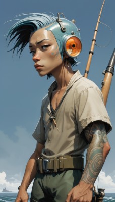 solo,looking at viewer,short hair,blue eyes,shirt,black hair,1boy,jewelry,blue hair,weapon,short sleeves,male focus,earrings,outdoors,sky,day,belt,cloud,signature,water,blue sky,lips,tattoo,headphones,ocean,wading,freckles,realistic,nose,arm tattoo,fishing rod,pants,clenched hand,science fiction,dirty,mohawk,dirty face,holding fishing rod