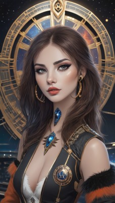 1girl,solo,long hair,breasts,looking at viewer,brown hair,cleavage,bare shoulders,jewelry,medium breasts,green eyes,upper body,earrings,parted lips,detached sleeves,sky,artist name,necklace,vest,lips,grey eyes,fur trim,eyelashes,makeup,night,lipstick,gem,star (sky),night sky,eyeshadow,starry sky,hoop earrings,red lips,large breasts,forehead,nose,eyeliner