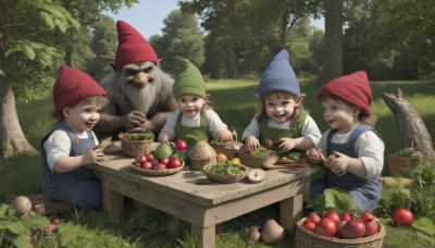 1girl,smile,open mouth,blue eyes,multiple girls,brown hair,shirt,hat,holding,sitting,white shirt,braid,:d,outdoors,food,multiple boys,teeth,day,pointy ears,apron,tree,fruit,facial hair,table,3boys,grass,child,nature,red headwear,beard,green headwear,mustache,apple,basket,overalls,mushroom,old,old man,tomato,vegetable,old woman,blue overalls,blonde hair,2girls,sky,3girls,twin braids,animal,knife,pointing,bowl,realistic,fantasy,carrot,grapes,tree stump,cutting board,onion