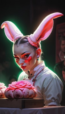 1girl,solo,looking at viewer,shirt,black hair,red eyes,animal ears,brown eyes,jewelry,white shirt,upper body,flower,earrings,parted lips,one eye closed,food,solo focus,puffy sleeves,hair bun,rabbit ears,blurry,lips,eyelashes,makeup,blurry background,fake animal ears,glowing,rose,facial mark,table,lipstick,pink flower,eyeshadow,nose,red lips,stud earrings,eyeliner,facepaint,facial tattoo,pink rose,double bun,realistic,mascara,neon lights