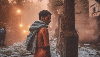 short hair,brown hair,shirt,black hair,1boy,standing,short sleeves,male focus,outdoors,multiple boys,solo focus,dark skin,2boys,bag,scarf,cape,backpack,building,child,scenery,snow,smoke,science fiction,realistic,ruins,looking at viewer,long sleeves,jewelry,closed mouth,earrings,from behind,from side,tree,dark-skinned male,red shirt,snowing,layered sleeves,short over long sleeves