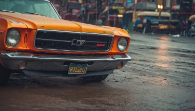 outdoors,blurry,no humans,blurry background,ground vehicle,motor vehicle,realistic,car,road,vehicle focus,lamppost,street,photo background,wheel,sports car,from side