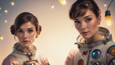 1girl,looking at viewer,smile,short hair,bangs,multiple girls,brown hair,2girls,brown eyes,closed mouth,upper body,braid,parted lips,hair bun,lips,double bun,single hair bun,portrait,freckles,science fiction,lantern,realistic,nose,spacesuit,astronaut,black hair,signature,eyelashes,makeup,backlighting,red lips,light,pilot suit,paper lantern,american flag,symmetry,japanese flag,comparison