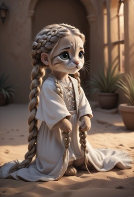 1girl,solo,long hair,blue eyes,blonde hair,long sleeves,dress,sitting,very long hair,closed mouth,green eyes,standing,full body,braid,indoors,wide sleeves,white dress,blurry,twin braids,depth of field,blurry background,animal,cat,plant,child,furry,furry female,female child,potted plant,whiskers,smile,twintails,barefoot,teeth,flat chest,kneeling,robe,dirty,white robe