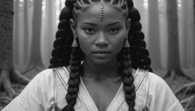 1girl,solo,long hair,looking at viewer,jewelry,closed mouth,collarbone,monochrome,upper body,braid,greyscale,earrings,dark skin,blurry,twin braids,dark-skinned female,lips,eyelashes,depth of field,blurry background,expressionless,portrait,freckles,robe,realistic,straight-on,multiple braids,breasts,bangs,cleavage,facial mark,dreadlocks