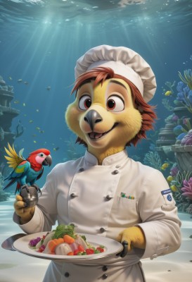 solo,smile,short hair,open mouth,brown hair,red eyes,1boy,hat,holding,brown eyes,male focus,red hair,food,tongue,tongue out,water,apron,cup,buttons,bird,animal,sunlight,furry,plate,tray,fish,light rays,underwater,furry male,holding plate,chef hat,chef,parrot,upper body,:d,fruit,watermark,bubble,air bubble,carrot,sunbeam,badge,shell,grapes,crab,coral