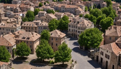 outdoors,day,tree,no humans,window,shadow,building,scenery,city,road,bush,house,street,plant,cityscape,wall