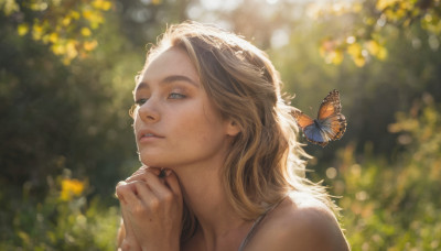 1girl, solo, long hair, blue eyes, blonde hair, parted lips, blurry, lips, depth of field, blurry background, own hands together, bug, looking up, butterfly, freckles, realistic, nose