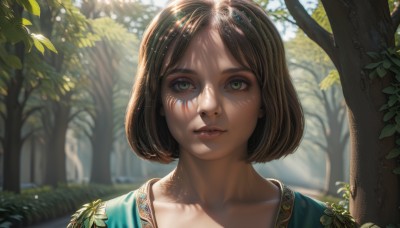 1girl,solo,looking at viewer,short hair,bangs,brown hair,hair ornament,closed mouth,green eyes,collarbone,outdoors,parted lips,day,artist name,blurry,tree,lips,parted bangs,eyelashes,depth of field,blurry background,leaf,sunlight,bob cut,portrait,nature,forest,realistic,nose,dappled sunlight,plant,bush