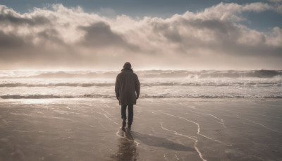 solo, 1boy, standing, male focus, outdoors, sky, cloud, water, from behind, coat, ocean, beach, cloudy sky, scenery, reflection, walking, sand, horizon, footprints