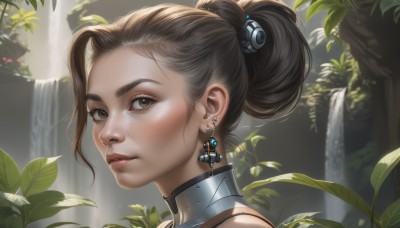 1girl,solo,looking at viewer,short hair,brown hair,hair ornament,brown eyes,jewelry,closed mouth,earrings,outdoors,water,hair bun,collar,lips,leaf,piercing,single hair bun,plant,portrait,freckles,realistic,nose,waterfall,blush,parted lips,armor,from side,eyelashes,close-up