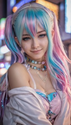 1girl,solo,long hair,breasts,looking at viewer,smile,bangs,blue eyes,shirt,cleavage,hair between eyes,bare shoulders,twintails,jewelry,medium breasts,closed mouth,underwear,blue hair,white shirt,upper body,pink hair,multicolored hair,hairband,open clothes,artist name,necklace,off shoulder,bra,blurry,two-tone hair,lips,eyelashes,aqua hair,gradient hair,makeup,depth of field,blurry background,watermark,gem,web address,eyeshadow,freckles,beads,realistic,pink bra,nose,bead necklace,pearl necklace,mascara,deviantart username,choker,facial mark