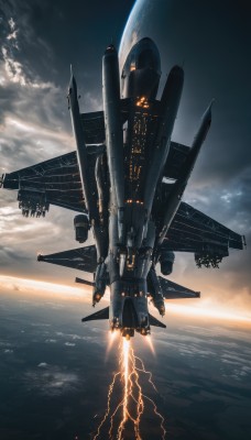 sky,cloud,signature,military,no humans,ocean,cloudy sky,flying,science fiction,realistic,aircraft,sun,horizon,military vehicle,electricity,airplane,vehicle focus,planet,lightning,contrail,spacecraft,jet,missile,fighter jet,pilot,outdoors,water,scenery,sunset