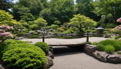 outdoors,sky,day,cloud,tree,blue sky,no humans,grass,cherry blossoms,nature,scenery,forest,rock,fence,road,bush,wall,east asian architecture,path,building,architecture,house,bridge,river,landscape,pond,garden