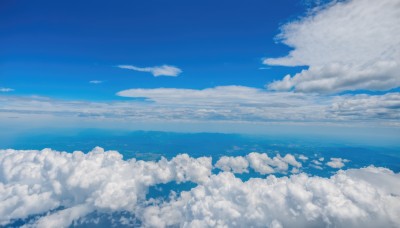 monochrome,outdoors,sky,day,cloud,water,blue sky,dutch angle,no humans,ocean,cloudy sky,scenery,blue theme,horizon,above clouds