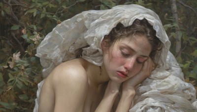 1girl,solo,breasts,brown hair,cleavage,bare shoulders,closed mouth,closed eyes,upper body,flower,nude,parted lips,artist name,lips,leaf,sleeping,plant,veil,facing viewer,freckles,head rest,realistic,nose,short hair,dress,outdoors,eyelashes,scar,portrait,red lips,bridal veil