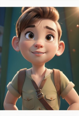 1girl,solo,looking at viewer,smile,short hair,brown hair,shirt,1boy,brown eyes,upper body,short sleeves,male focus,parted lips,teeth,bag,hair bun,blurry,lips,blurry background,single hair bun,thick eyebrows,child,freckles,hands on hips,green shirt,female child,male child,artist name,backpack,pocket,realistic