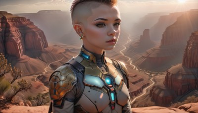 1girl,solo,short hair,brown hair,brown eyes,jewelry,upper body,earrings,outdoors,parted lips,dark skin,armor,tree,lips,bodysuit,science fiction,rock,mountain,nose,very short hair,undercut,power armor,mohawk,black hair,cloud,eyelashes,makeup,glowing,sunlight,eyeshadow,realistic,eyeliner,cyborg,desert