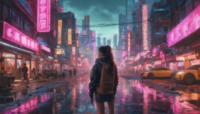 1girl, long hair, skirt, brown hair, jacket, ponytail, weapon, outdoors, sky, shorts, solo focus, cloud, hood, bag, from behind, gun, dutch angle, night, backpack, ground vehicle, building, scenery, motor vehicle, reflection, rain, city, sign, car, road, street, neon lights