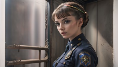 1girl,solo,looking at viewer,short hair,bangs,brown hair,shirt,brown eyes,closed mouth,upper body,braid,hairband,necktie,collared shirt,hair bun,uniform,from side,lips,grey eyes,single hair bun,freckles,realistic,nose,railing,badge,police,braided bun,police uniform,policewoman,blue eyes,jacket,parted lips,blurry,looking to the side,buttons,blurry background,blue shirt,blue jacket,blue necktie,emblem