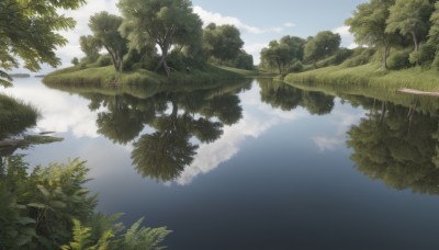 outdoors,sky,day,cloud,water,tree,blue sky,no humans,leaf,cloudy sky,grass,plant,nature,scenery,forest,reflection,landscape,lake,fantasy,bush,reflective water