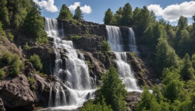 outdoors,sky,day,cloud,water,tree,blue sky,no humans,cloudy sky,nature,scenery,forest,mountain,river,waterfall,landscape,cliff,rock