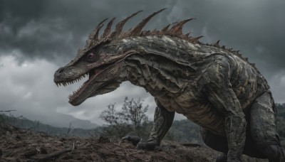 solo,open mouth,red eyes,tail,outdoors,sky,teeth,cloud,tree,no humans,cloudy sky,sharp teeth,all fours,claws,monster,scales,grey sky,dinosaur,kaijuu,from side,nature,forest,dragon