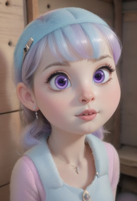 1girl,solo,looking at viewer,bangs,shirt,dress,jewelry,blue hair,purple eyes,upper body,purple hair,white hair,grey hair,multicolored hair,hairband,earrings,parted lips,artist name,indoors,necklace,blurry,lips,eyelashes,watermark,child,web address,pendant,freckles,realistic,nose,female child,blue hairband,long hair,blush,teeth,light purple hair