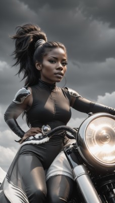 1girl,solo,long hair,breasts,looking at viewer,brown hair,black hair,brown eyes,medium breasts,ponytail,outdoors,parted lips,detached sleeves,sky,cloud,dark skin,armor,dark-skinned female,lips,hand on hip,bodysuit,makeup,cloudy sky,high ponytail,ground vehicle,shoulder armor,motor vehicle,pauldrons,realistic,nose,leather,motorcycle,very dark skin,pants