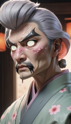 1girl,solo,looking at viewer,short hair,1boy,closed mouth,upper body,grey hair,male focus,japanese clothes,kimono,blurry,lips,grey eyes,blood,blurry background,glowing,facial hair,floral print,single hair bun,thick eyebrows,portrait,glowing eyes,beard,nose,mustache,old,green kimono,old man,old woman,wrinkled skin,black hair,green eyes,white hair,hair bun,frown,angry,serious,facepaint,white eyes,no pupils