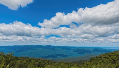 outdoors,sky,day,cloud,tree,blue sky,no humans,bird,cloudy sky,grass,nature,scenery,forest,mountain,field,landscape,mountainous horizon,hill,water,ocean,horizon